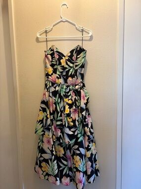 Vintage Floral Strapless Midi Dress in Black with Pink & Yellow Blooms